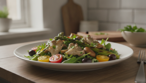Ensalada templada de champiñones y setas a la plancha con espárragos