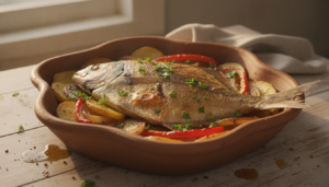 Palometa al horno con patatas, cebolla y pimiento rojo