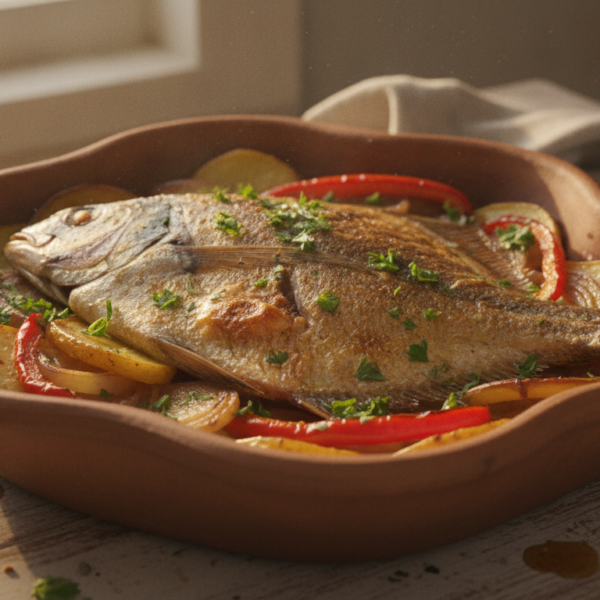 Palometa al horno con patatas, cebolla y pimiento rojo
