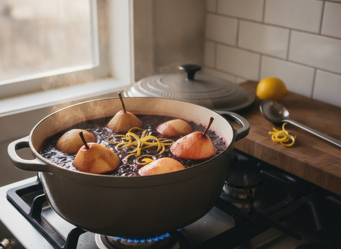 Peras al vino tinto: receta clásica con salsa reducida 2 Peras pochándose a fuego lento en el vino tinto especiado