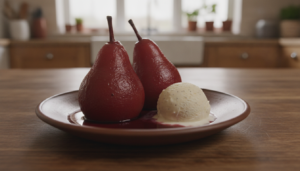 Peras al vino tinto con salsa reducida y helado