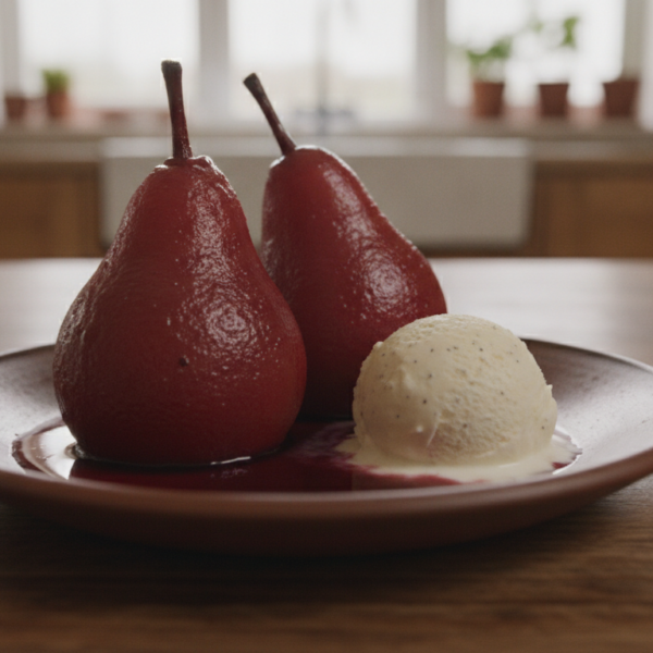 Peras al vino tinto con salsa reducida y helado