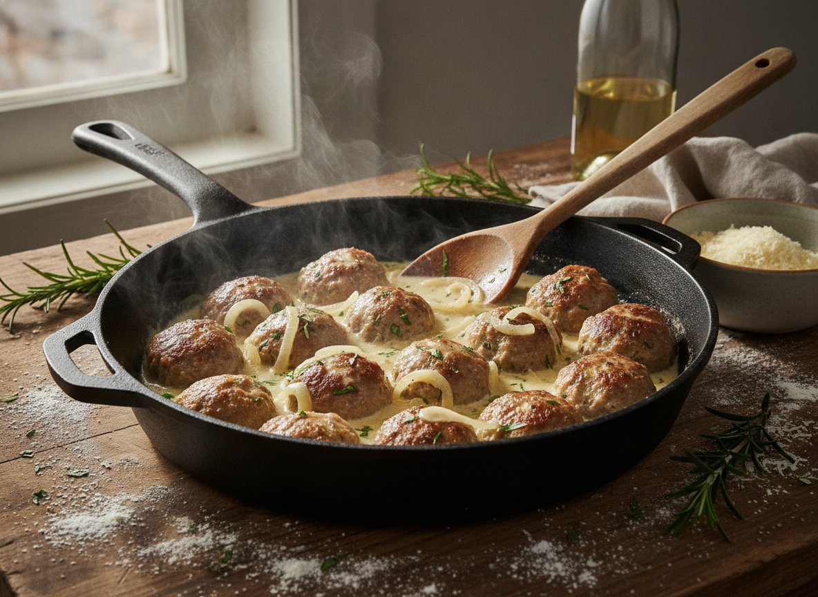 Albóndigas cociendo a fuego lento en la salsa de vino blanco