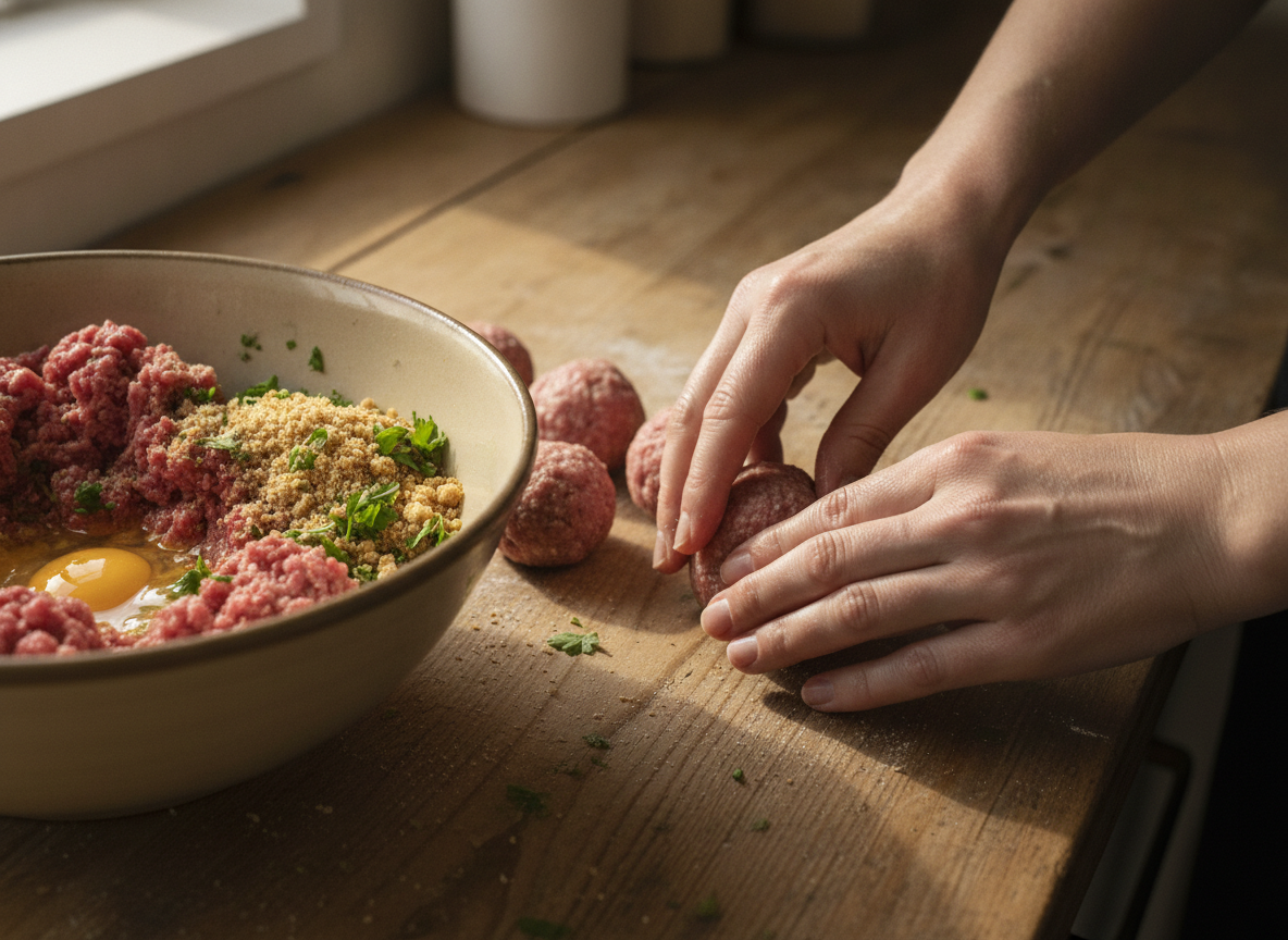 Formando las albóndigas de carne picada con las manos