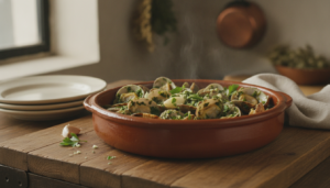 Almejas en salsa verde servidas en cazuela de barro