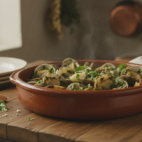Almejas en salsa verde servidas en cazuela de barro