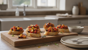 Canapés de ratatouille sobre pan tostado en tabla de madera