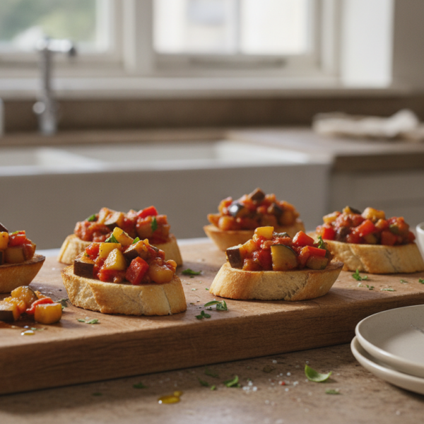 Canapés de ratatouille sobre pan tostado en tabla de madera