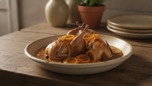 Codornices en escabeche servidas en un plato con verduras