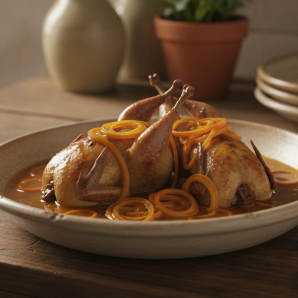 Codornices en escabeche servidas en un plato con verduras