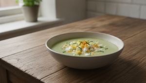 Crema de lechuga servida con huevo cocido picado por encima