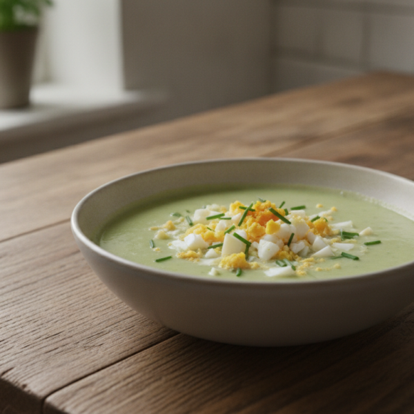 Crema de lechuga servida con huevo cocido picado por encima