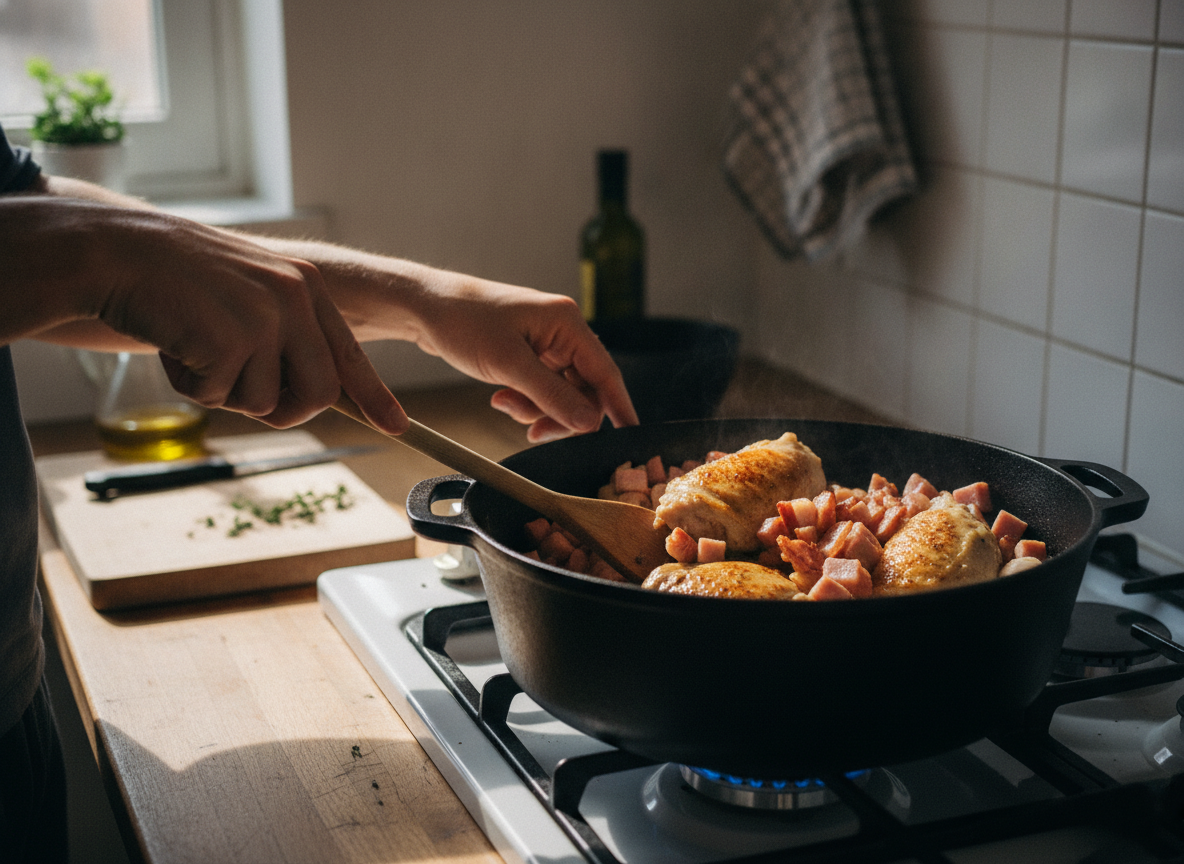 Sopa de la buena mujer: caldo casero con fideos 1 Dorando el pollo con jamon y panceta antes de anadir el agua