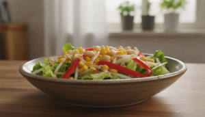 Ensalada china con brotes de soja, maíz y pimiento