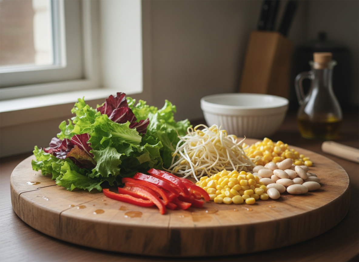 Ensalada china agridulce con brotes de soja 1 Verduras troceadas listas para mezclar la ensalada china