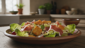 Ensalada serrana con jamón, avellanas y uvas servida en un plato