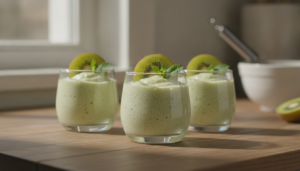 Espuma de kiwi servida en vasitos individuales con rodaja de kiwi