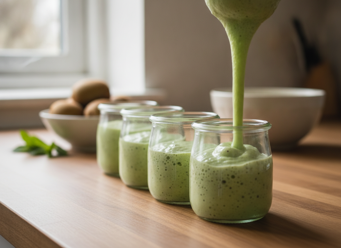 Espuma de kiwi ligera con yogur 2 Repartiendo la espuma de kiwi en moldecitos individuales