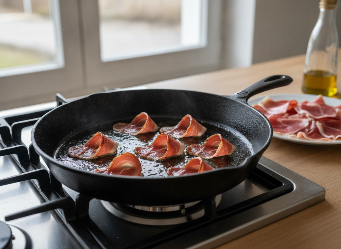 Láminas de jamón serrano dorándose en una sartén