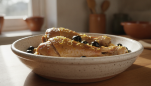 Pavo al limón con aceitunas negras servido en un plato