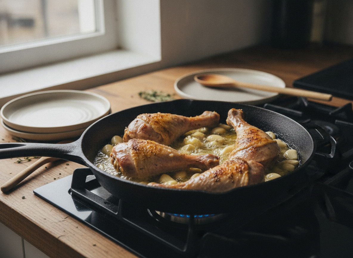 Pavo al limón: receta tradicional con aceitunas negras 1 Trozos de pavo dorándose en una cazuela