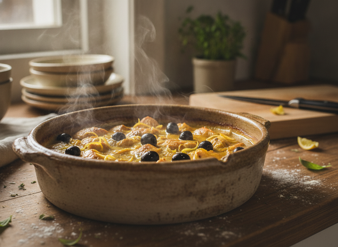 Pavo al limón: receta tradicional con aceitunas negras 2 Cazuela de pavo al limón cociendo a fuego lento