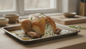 Pollo asado relleno de queso y estragón recién horneado