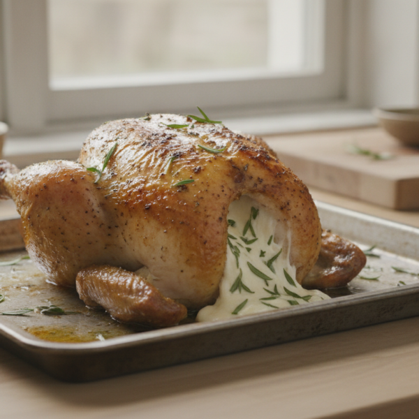 Pollo asado relleno de queso y estragón recién horneado