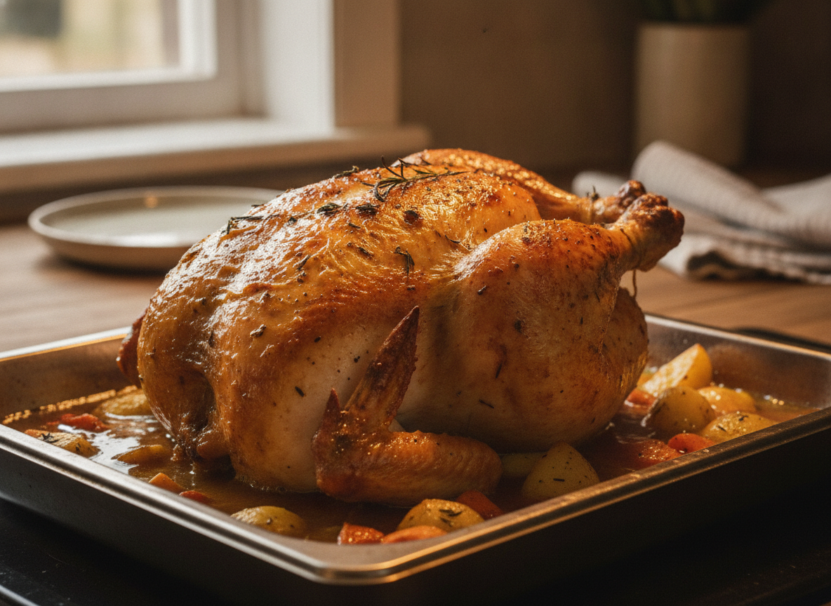 Pollo asado dorado recién sacado del horno