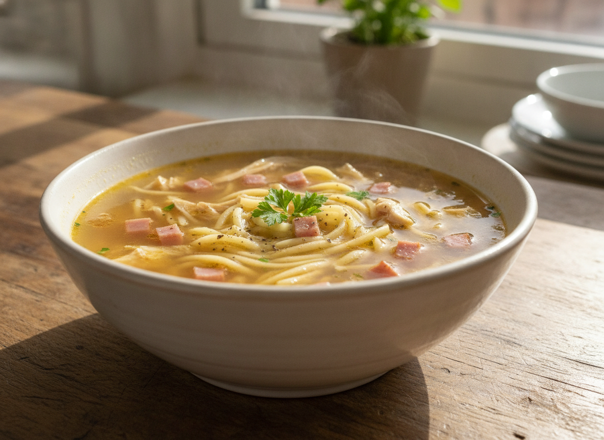 Sopa de la buena mujer: caldo casero con fideos 2 Sopa de la buena mujer servida caliente con fideos