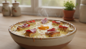 Sopa de chalotas gratinada con queso, jamón de pato y yema