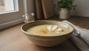 Sopa fría de manzana al curry servida en un bol