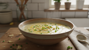 Sopa de maíz con hilos de huevo y cebolleta en un cuenco