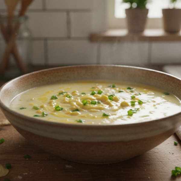 Sopa de maíz con hilos de huevo y cebolleta en un cuenco