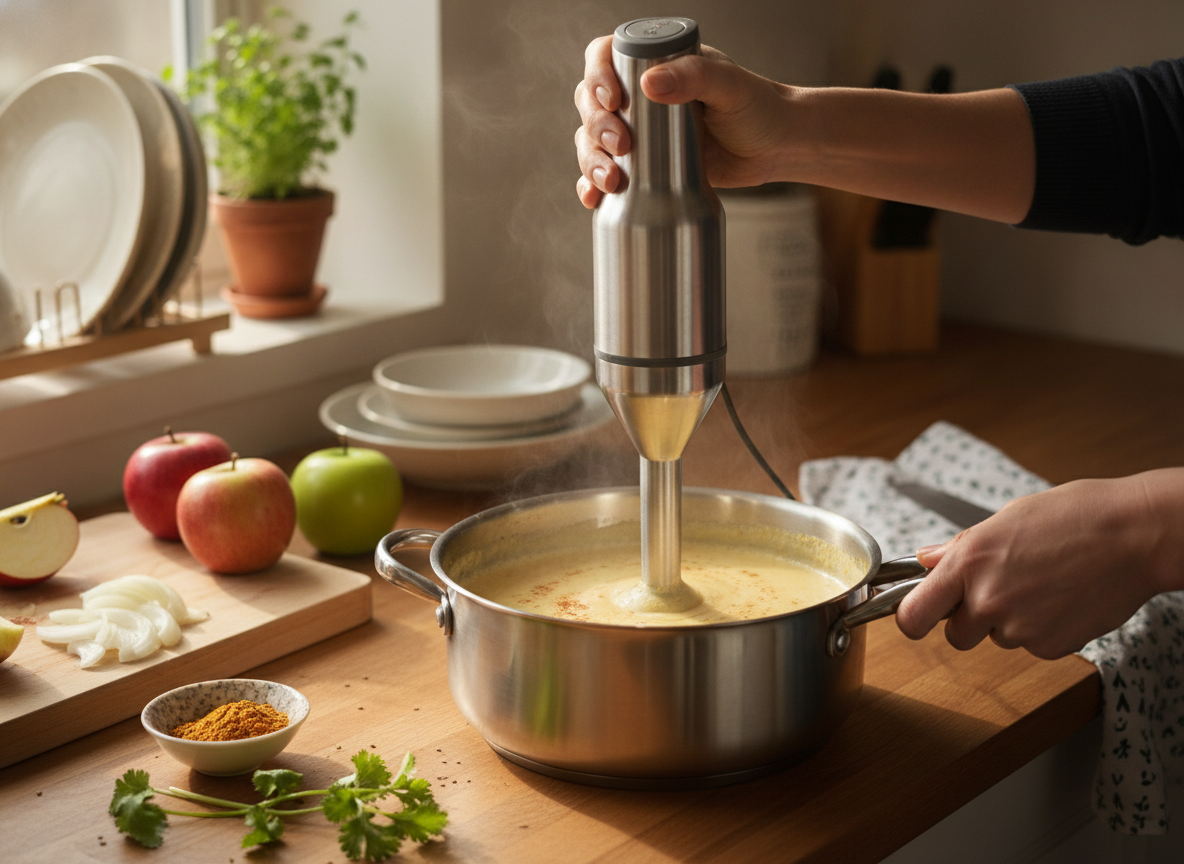 Sopa fría de manzana al curry: receta refrescante 2 Triturando la sopa de manzana al curry hasta hacer puré
