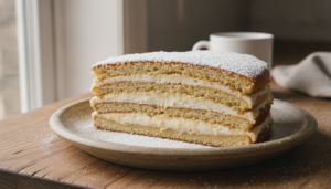 Tarta de leche condensada y queso en capas, corte mostrando el relleno