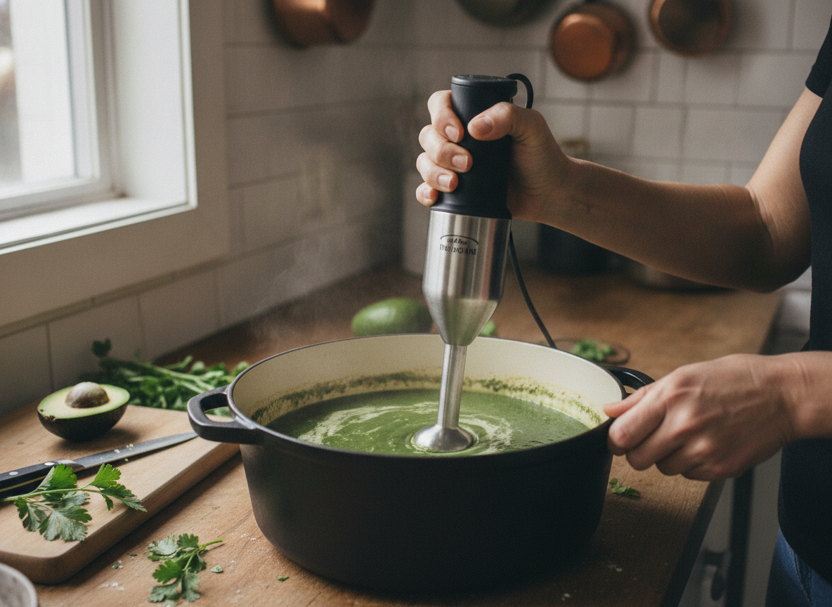 Triturando la crema de lechuga con la batidora hasta que quede fina