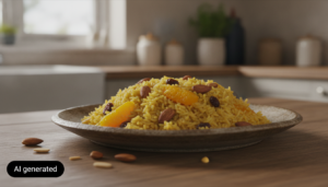 Arroz a la naranja con azafran, almendras y pasas