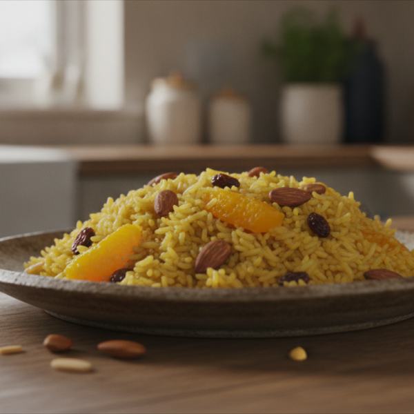 Arroz a la naranja con azafran, almendras y pasas