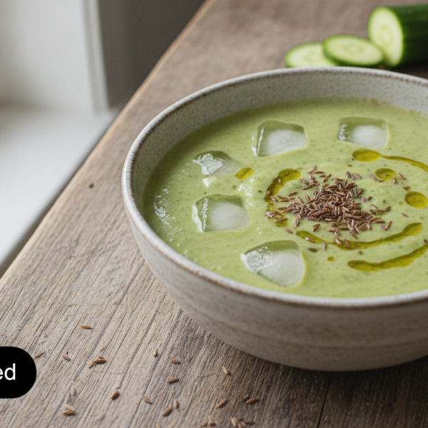 Sopa fria de pepino y aguacate servida en un cuenco