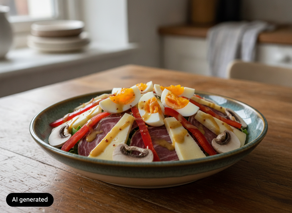 Ensalada de jabalí con queso: receta con vinagreta de mostaza 2 Ensalada de jabalí con queso terminada y decorada con huevo duro