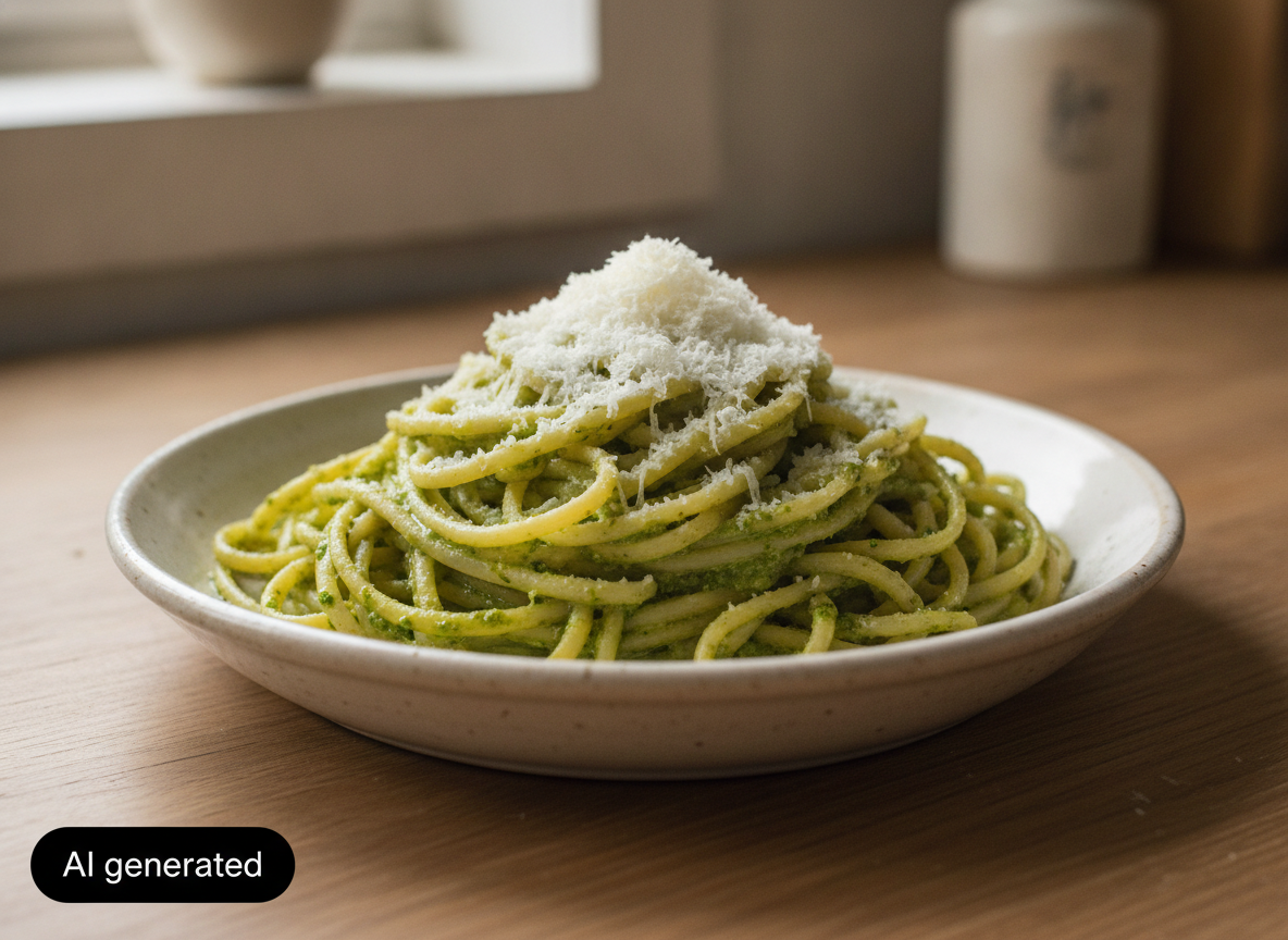 Fideos con pesto de nueces y parmesano servidos en un plato