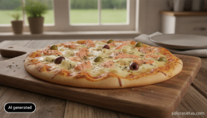 Pizza casera de salmón con aceitunas recién horneada