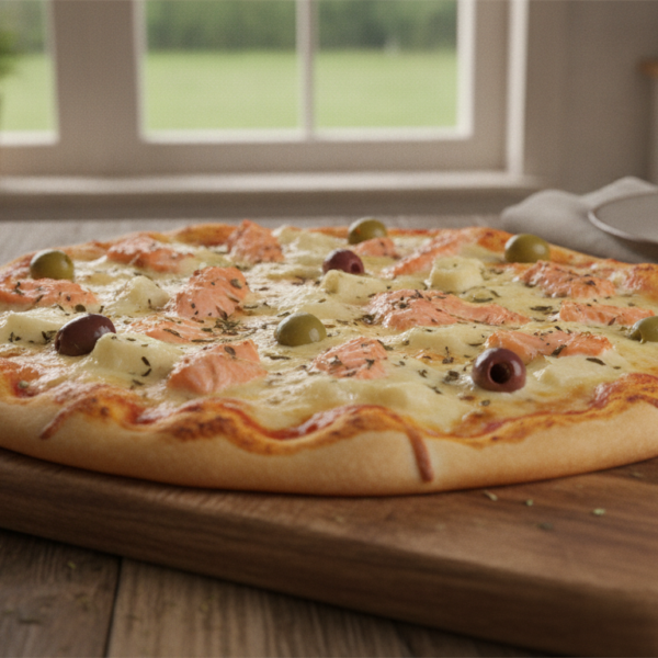 Pizza casera de salmón con aceitunas recién horneada