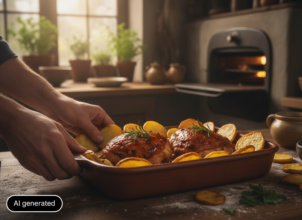 Muslos de pollo picantones: guiso con tomate y aceitunas 2 Colocando las patatas fritas junto a los muslos de pollo antes de hornear