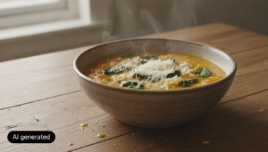 Sopa de calabaza con arroz y espinacas servida en un bol con queso parmesano