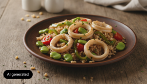 Calamares con arroz integral y habas frescas servidos en un plato