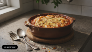 Gambas gratinadas con salsa de tomate y queso