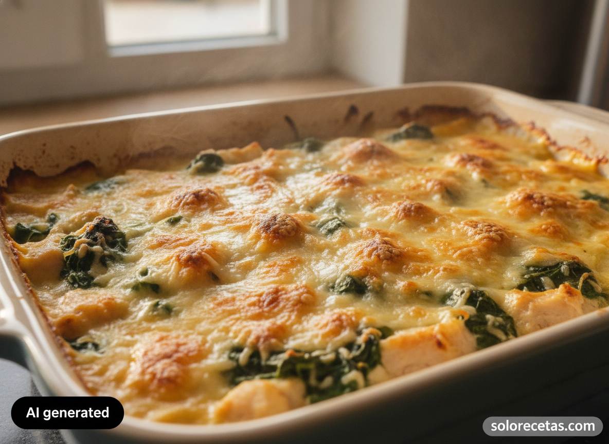 Pollo a la florentina recién gratinado saliendo del horno