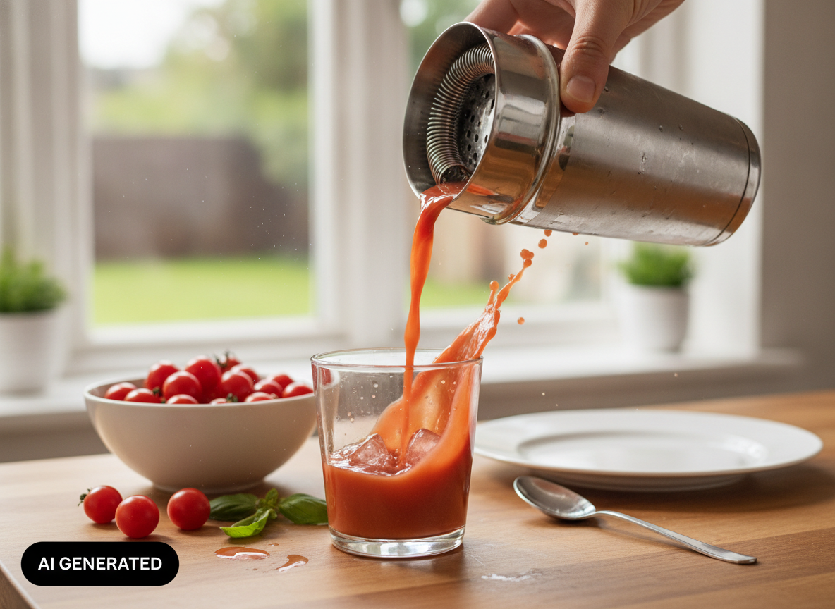 Bloody Mary con Tabasco: receta clásica paso a paso 1 Mezclando el zumo de tomate y el limón con hielo para el Bloody Mary